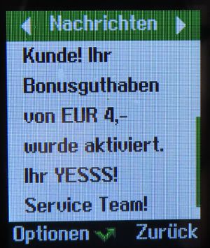 yesss!, prepaid UMTS SIM Karte, Österreich, yesss! SMS Freunde werben Bonusguthaben auf einem Swisstone SC 230