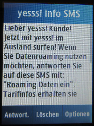 yesss!, prepaid UMTS SIM Karte, Österreich, Daten Roaming Info SMS 2017 Malta auf einem Samsung GT–C3300K