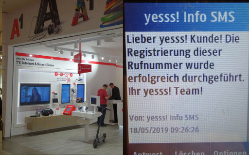 yesss!, prepaid UMTS SIM Karte, Österreich, A1 Ladengeschäft in Tulln und Besätigung per SMS auf einem Samsung GT–C3300K