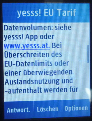 yesss!, prepaid UMTS SIM Karte, Österreich, Datenroaming Info Litauen 2019 auf einem Samsung GT–C3300K
