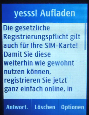 yesss!, prepaid UMTS SIM Karte, Österreich, Registrierung Erinnerung Mai 2019 auf einem Samsung GT–C3300K