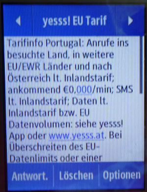 yesss!, prepaid UMTS SIM Karte, Österreich, Roaming Info Portugal 2019 auf einem Samsung Rex80 GT–S5220R