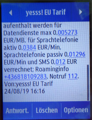 yesss!, prepaid UMTS SIM Karte, Österreich, Roaming Info Portugal 2019 auf einem Samsung Rex80 GT–S5220R