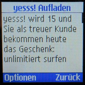 yesss!, prepaid UMTS SIM Karte, Österreich, Gratis Internet Aktion 15 Jahre yesss! SMS auf einem Samsung GT–E1120