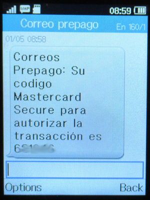 yesss!, prepaid UMTS SIM Karte, Österreich, Correos MasterCard® Bestätigungscode SMS 2021 auf einem Alcatel 2051X Mobiltelefon
