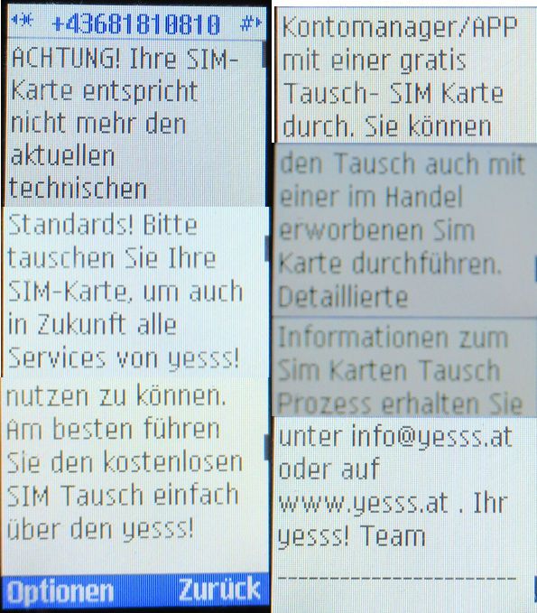 yesss!, prepaid UMTS SIM Karte, Österreich, SMS mit Hinweisen zum Austausch der SIM Karte im Dezember 2021