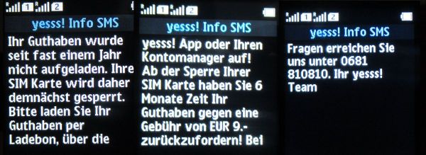 yesss!, prepaid UMTS SIM Karte, Österreich, Warnung Sperrung SIM Karte April 2022 Info SMS auf einem NOKIA 150 Dual SIM Mobiltelefon