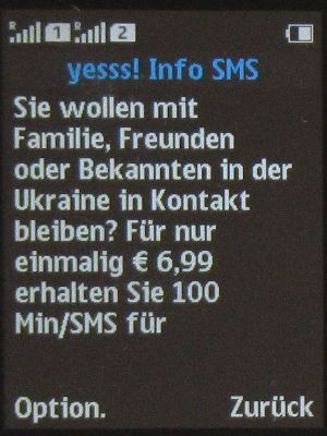 yesss!, prepaid UMTS SIM Karte, Österreich, SMS Ukraine Tarifpaket Juli 2022 auf einem NOKIA 150 Dual SIM Mobiltelefon