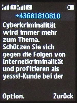 yesss!, prepaid UMTS SIM Karte, Österreich, SMS Werbung Versicherung Cyberkriminalität Juli 2022 auf einem NOKIA 150 Dual SIM Mobiltelefon