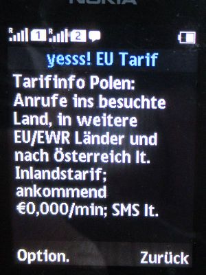 yesss!, prepaid UMTS SIM Karte, Österreich, SMS Roaming Infos Polen im Juni 2022 auf einem NOKIA 150 Dual SIM Mobiltelefon