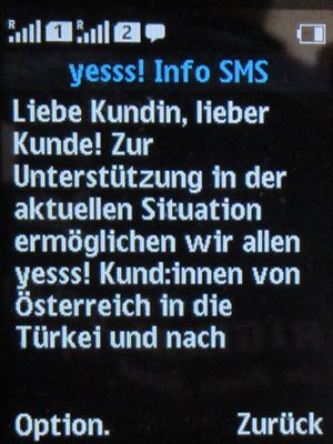yesss!, prepaid UMTS SIM Karte, Österreich, SMS Türkei und Syrien Sonderaktion im Februar 2023 auf einem NOKIA 150 Dual SIM Mobiltelefon