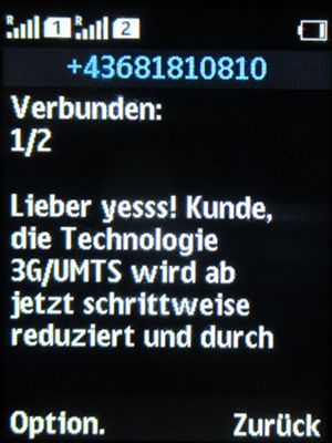 yesss!, prepaid UMTS SIM Karte, Österreich, SMS Hinweis 3G/UMTS Abschaltung im April 2023 auf einem NOKIA 150 Dual SIM Mobiltelefon