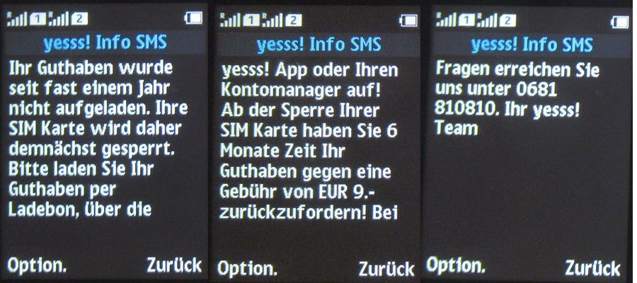yesss!, prepaid UMTS SIM Karte, Österreich, Warnung Sperrung SIM Karte April 2023 Info SMS auf einem NOKIA 150 Dual SIM Mobiltelefon