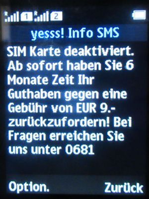 yesss!, prepaid UMTS SIM Karte, Österreich, Deaktivierung SIM Karte Mai 2023 Info SMS auf einem NOKIA 150 Dual SIM Mobiltelefon