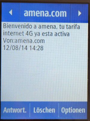 amena.com internet 4G en casa, Vertrag, Spanien, SMS Aktivierungsmitteilung auf einem Samsung Rex80 GT–S5220R