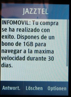 Jazzcard móvil, prepaid UMTS SIM Karte, Spanien, SMS auf einem Samsung GT–C3300K nach der Internet Paket Buchung