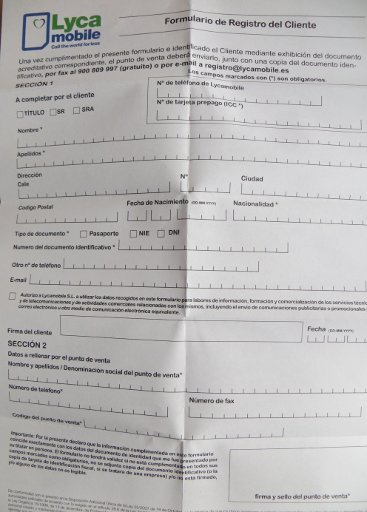 Lycamobile, prepaid UMTS SIM Karte, Spanien, Formulario de Registro del Cliente