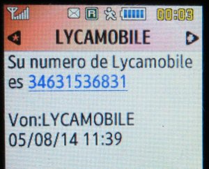 Lycamobile, prepaid UMTS SIM Karte, Spanien, Anzeige eigene Rufnummer auf einem Samsung GT–C3200