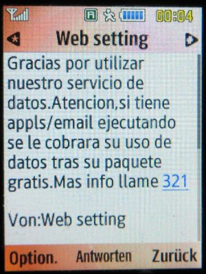 Lycamobile, prepaid UMTS SIM Karte, Spanien, SMS Web Setting auf einem Samsung GT–C3200