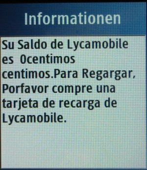 Lycamobile, prepaid UMTS SIM Karte, Spanien, Guthabenanzeige auf einem Samsung GT–S3370
