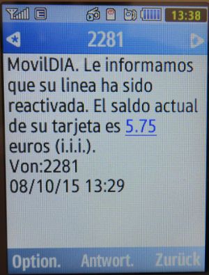 MovilDIA, prepaid UMTS SIM Karte, Spanien, SMS mit der Bestätigung der Reaktivierung auf einem Samsung GT–C3590