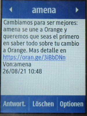 orange™ Base Datos 4G en casa, Vertrag, Spanien, SMS zur Umstellung auf einem Samsung Rex80 GT–S5220R