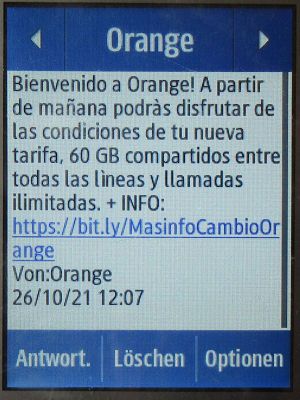 orange™ Base Datos 4G en casa, Vertrag, Spanien, SMS zur reduzierten 60 GB Umstellung auf einem Samsung Rex80 GT–S5220R