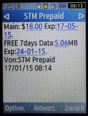 SingTel hi!, prepaid SIM Karte, Singapore, SMS mit Guthabenstand auf einem Samsung GT–C3590