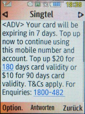 SingTel hi!, prepaid SIM Karte, Singapore, SMS mit Warnung vor Deaktivierung auf einem Samsung GT–C3590