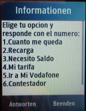 Vodafone SIM prepago, prepaid UMTS SIM Karte, Spanien, Vodafone Menü *123# auf einem Samsung GT–C3300K