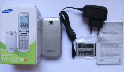 Samsung, Mobiltelefon, GT–C3590, Lieferumfang mit Mobiltelefon, Bedienungsanleitung, Sicherheitshinweise, Garantiekarte, Netzteil und Batterie