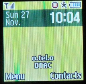 Samsung, Mobiltelefon, GT–E1050, Hauptbildschirm mit o.tel.o Deutschland und Roamingpartner DTAC in Thailand