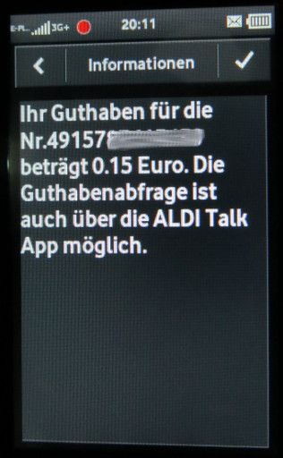 Samsung, Mobiltelefon, GT–I6410 mit der Infonachricht von ALDI Talk