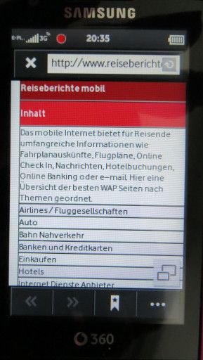 Samsung, Mobiltelefon, GT–I6410, WAP Website http://wap.reiseberichte.bplaced.net