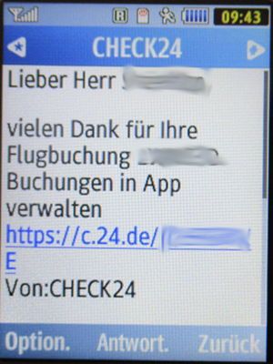 CHECK24, SMS Bestätigung Flugbuchung auf einem Samsung GT–C3590