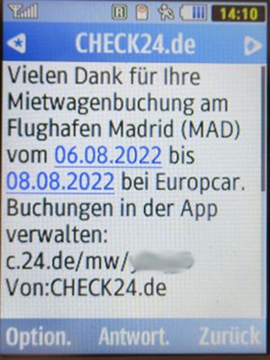 CHECK24, SMS im August 2022 vor Mietwagenübernahme auf einem Samsung GT–C3590