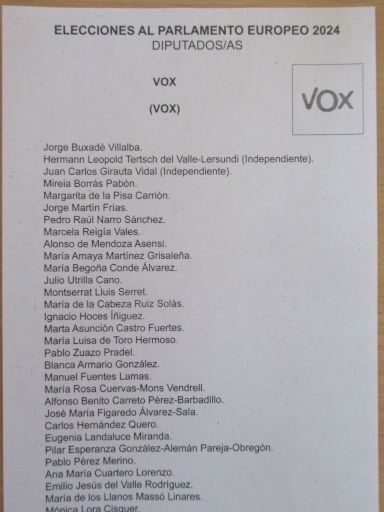 Europawahl Auslandsdeutsche in Spanien Briefwahl 2024, Stimmzettel für VOX