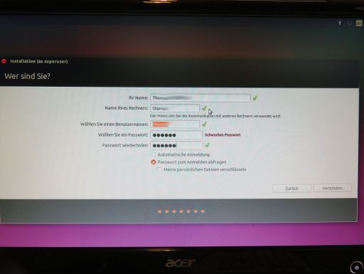 Ubuntu 15.10, Eingabe Name und Passwort
