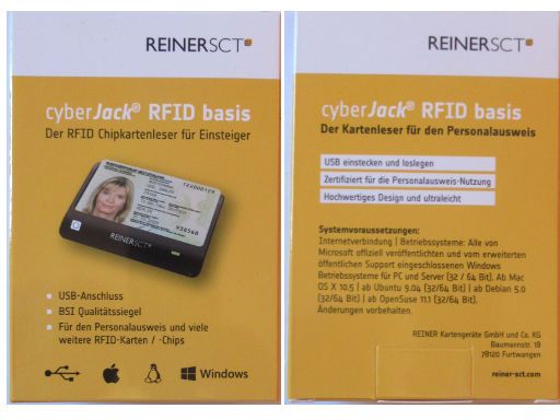 REINER SCT cyberJack® RFID basis, Verpackung Ansicht Vorder– und Rückseite
