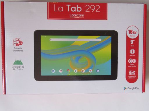 Tablet Android™, Logicom La Tab 292, Verpackung mit Hinweisen zur Ausstattung