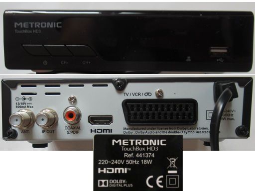 Metronic TouchBox HD3, Satelliten Receiver DVB-S2, Geräteansicht und Anschlüsse auf der Rückseite