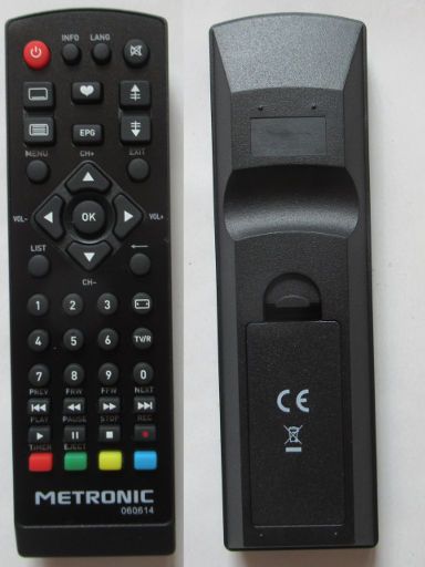 Metronic TouchBox HD3, Satelliten Receiver DVB-S2, Fernbedienung Vorder– und Rückseite