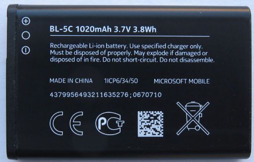 Mobiltelefon, Nokia 150 Dual SIM, Batterie Modell BL-5C 1020 mAh 3,7 Volt 3,8 Wh