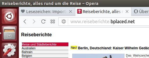 http://www.reiseberichte.bplaced.net/ Reiseberichte mit Opera 46.0 auf einem PC Linux™ Ubuntu® 14.04 LTS, Reiter und Adresseingabefeld