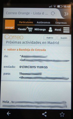 orange™, e–mail correo, Spanien, Mobiles Online Portal auf einem ZTE Open C Smartphone