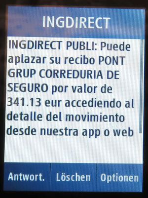 Pont Grup Versicherungen, Spanien, SMS von der ING Direct Bank auf einem Samsung GT–C3300K