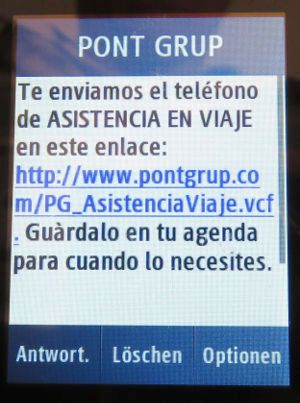 Pont Grup Versicherungen, Spanien, SMS von PONT GRUP auf einem Samsung GT–C3300K