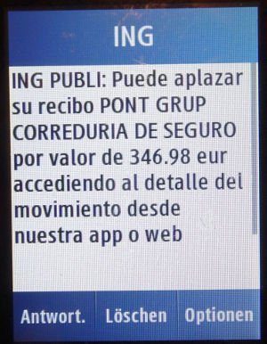 Pont Grup Versicherungen, Spanien, SMS von der ING Direct Bank auf einem Samsung GT–C3300K