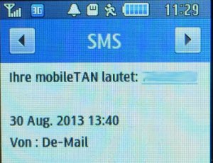 Telekom Deutschland GmbH, De–Mail Adresse, SMS auf einem Samsung GT–S3370 mit der mobileTAN