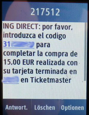 ticketmaster®, SMS von ING Direct auf einem Samsung GT–C3300K mit dem Sicherheitscode